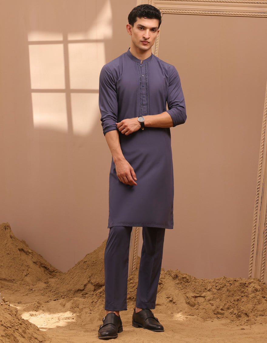 Blended Pigeon Blue Kurta Trouser - J. Junaid Jamshed