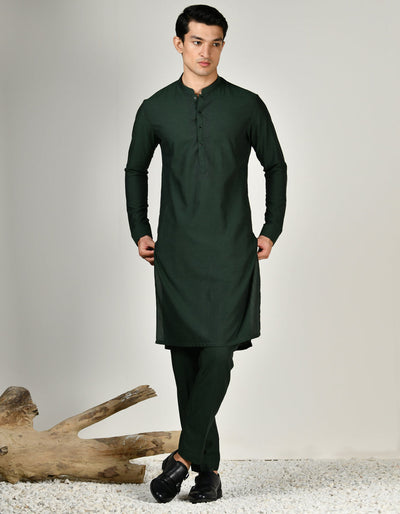 Blended Bottle Green Kurta Trouser - J. Junaid Jamshed