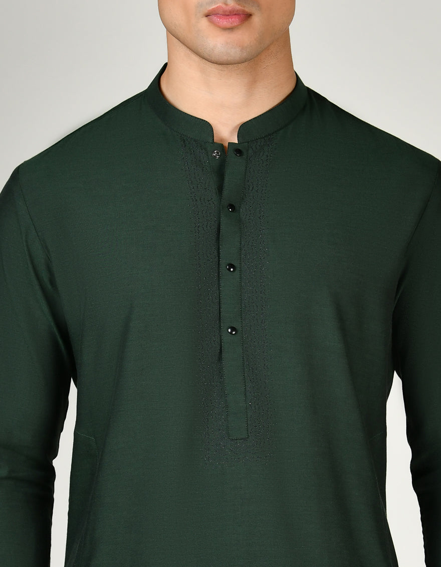 Blended Bottle Green Kurta Trouser - J. Junaid Jamshed