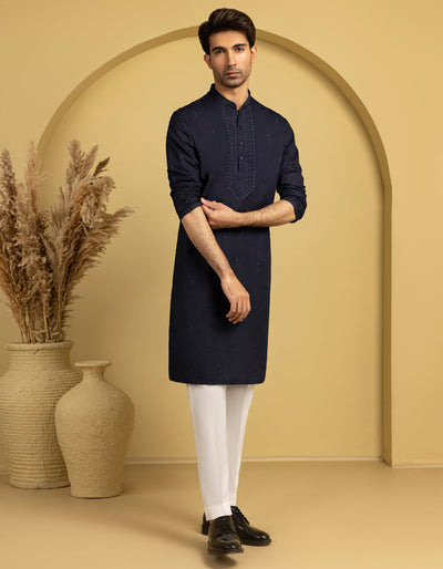 Cotton Navy Blue Special Kurta - J. Junaid Jamshed