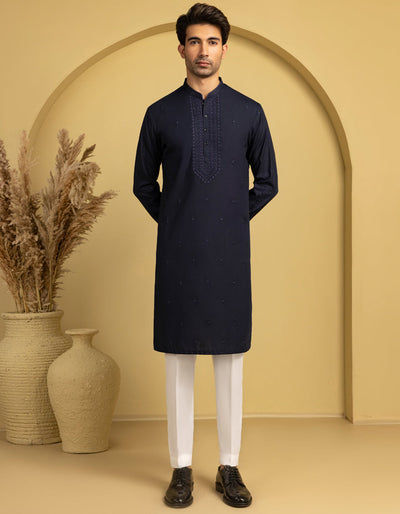 Cotton Navy Blue Special Kurta - J. Junaid Jamshed