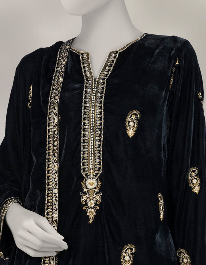 Velvet Black Unstitched Suit - J. Junaid Jamshed