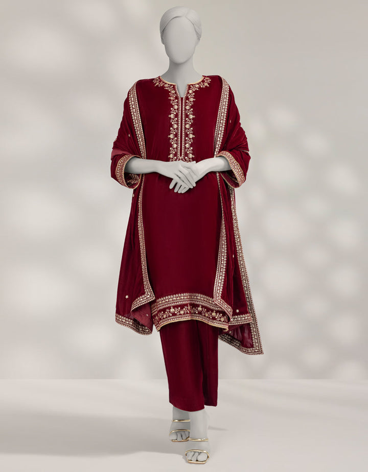 Velvet Maroon Unstitched Suit - J. Junaid Jamshed