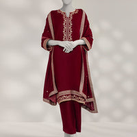 Velvet Maroon Unstitched Suit - J. Junaid Jamshed