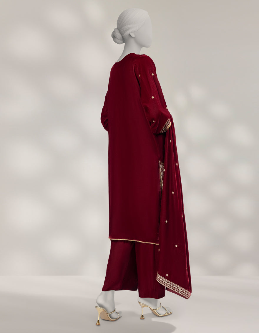 Velvet Maroon Unstitched Suit - J. Junaid Jamshed
