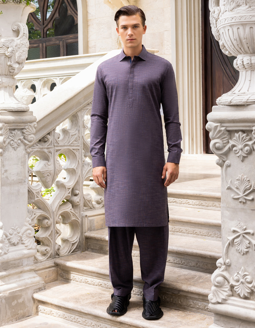 Cotton Hatched Blue Shalwar Kameez - J. Junaid Jamshed