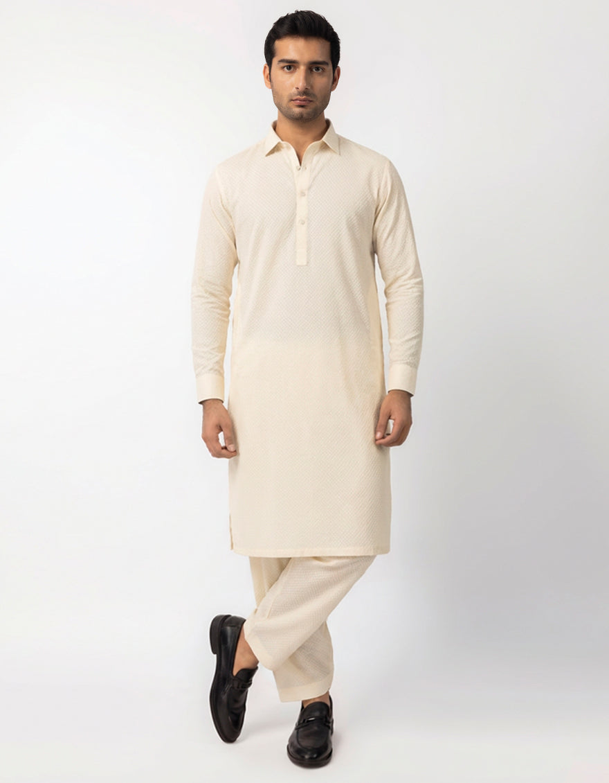 Cotton Off White Unstitched Suit - J. Junaid Jamshed