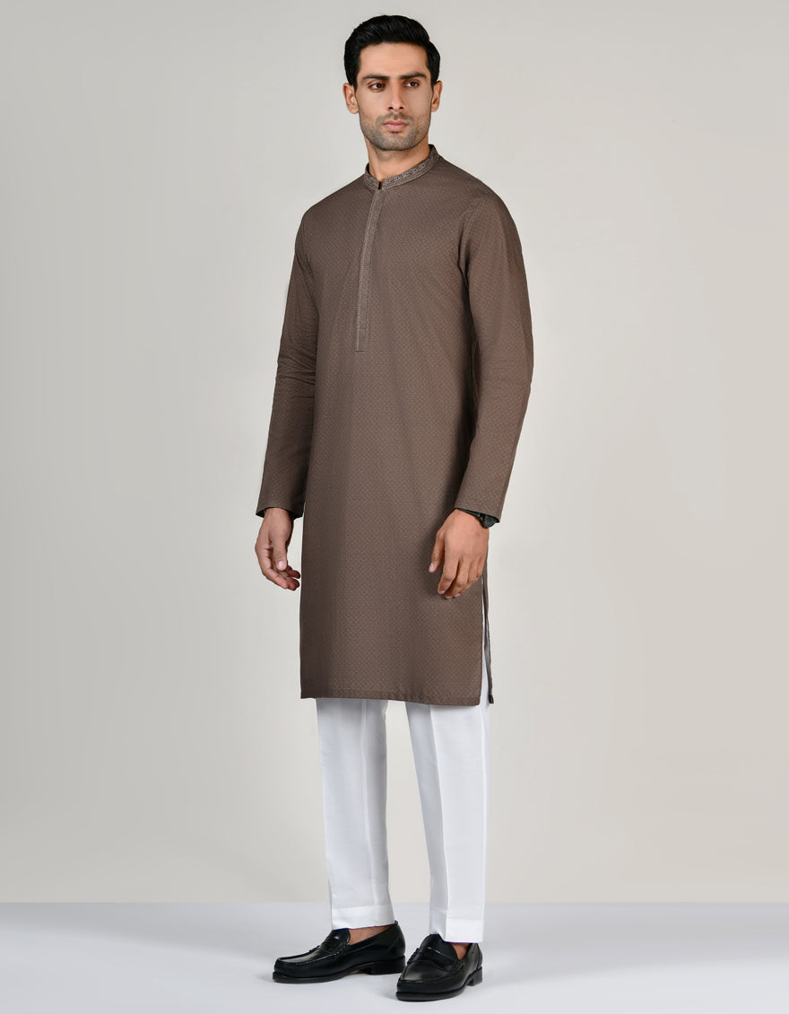 Cotton Coffee Brown Kurta - J. Junaid Jamshed