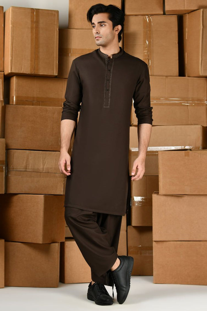 Blended Dark Brown Shalwar Kameez - J. Junaid Jamshed