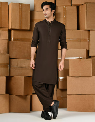 Blended Dark Brown Shalwar Kameez - J. Junaid Jamshed