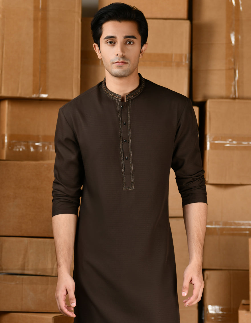 Blended Dark Brown Shalwar Kameez - J. Junaid Jamshed