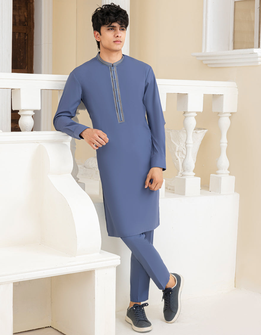 Blended Pigeon Blue Kurta Trouser - J. Junaid Jamshed