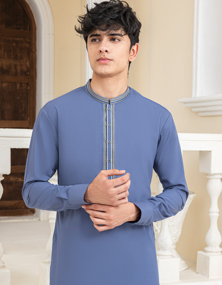 Blended Pigeon Blue Kurta Trouser - J. Junaid Jamshed