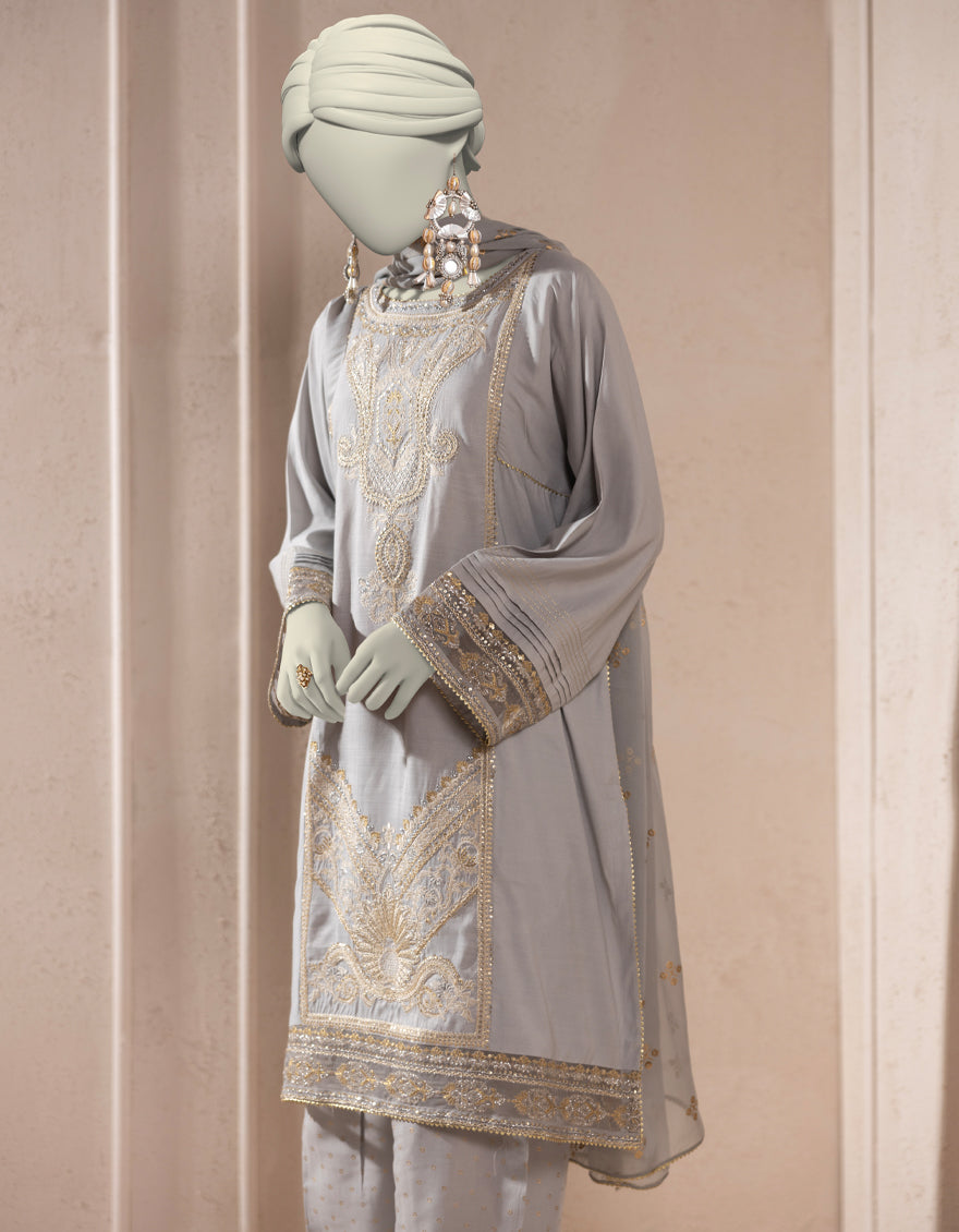 Organza Grey Stitched Suit - J. Junaid Jamshed