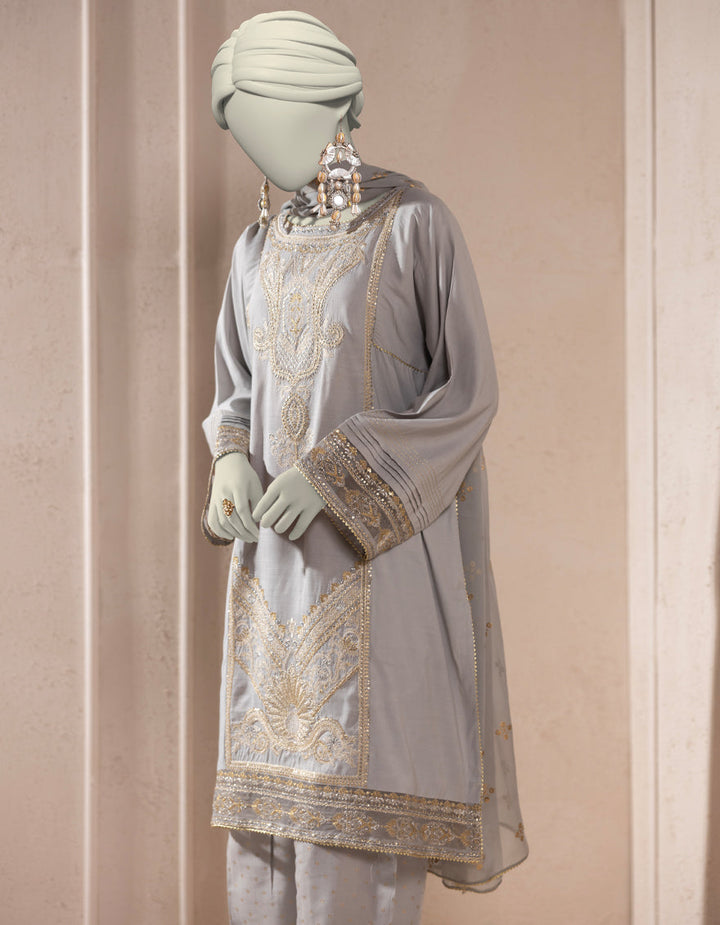 Organza Grey Stitched Suit - J. Junaid Jamshed