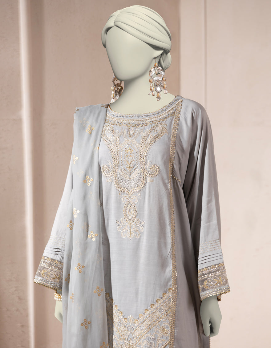 Organza Grey Stitched Suit - J. Junaid Jamshed
