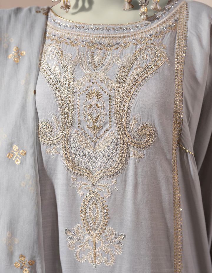 Organza Grey Stitched Suit - J. Junaid Jamshed