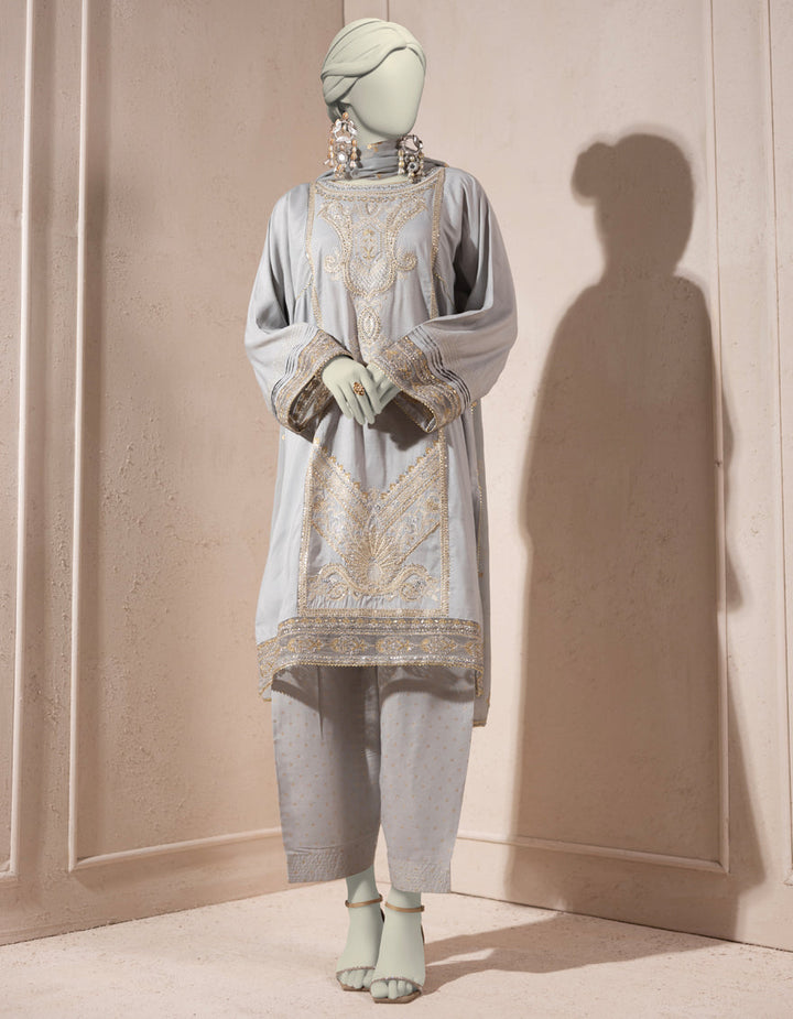 Organza Grey Stitched Suit - J. Junaid Jamshed