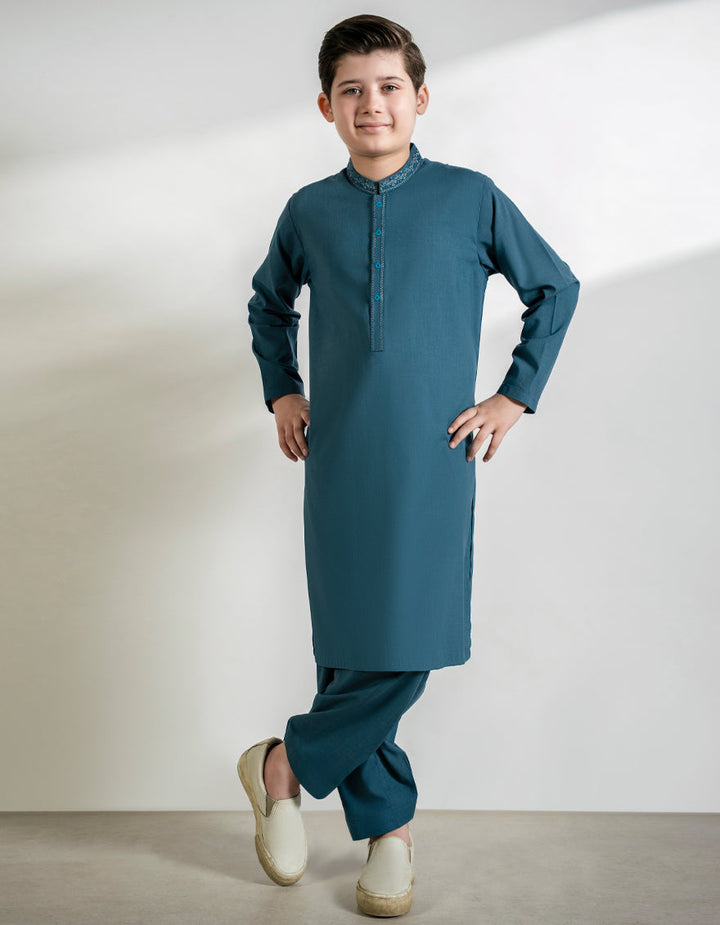 Blended Teal Blue Shalwar Kameez - J. Junaid Jamshed