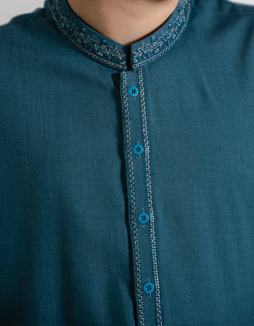 Blended Teal Blue Shalwar Kameez - J. Junaid Jamshed