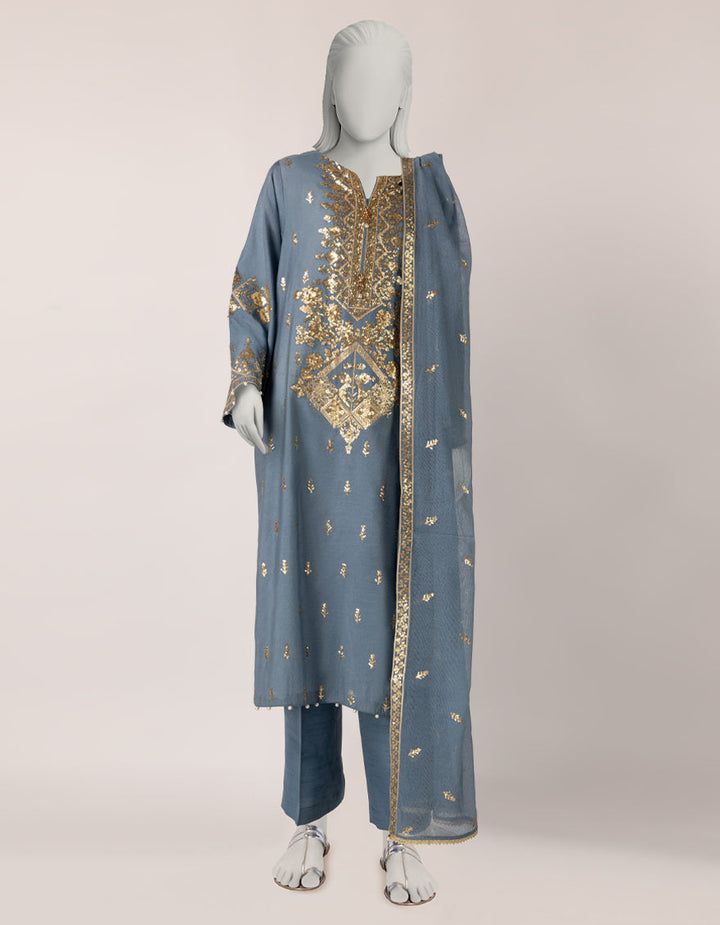 Cotton Net Blue Stitched Suit - J. Junaid Jamshed