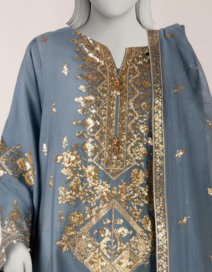 Cotton Net Blue Stitched Suit - J. Junaid Jamshed