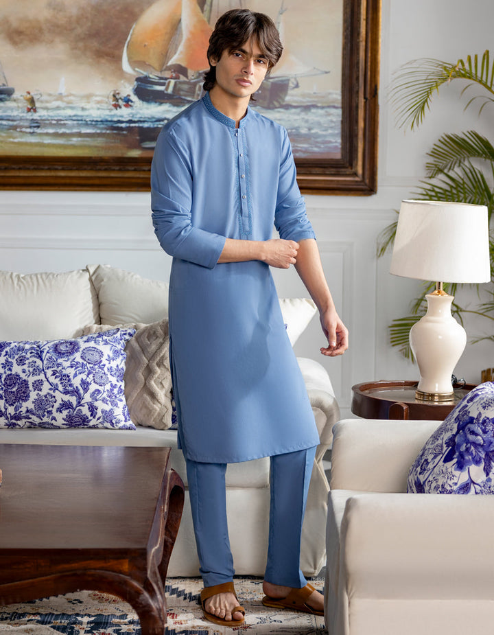 Blended Light Blue Kurta Trouser - J. Junaid Jamshed