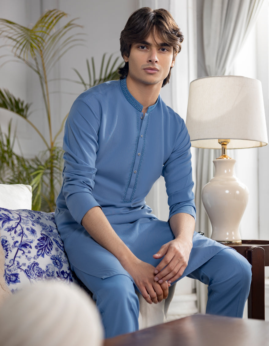 Blended Light Blue Kurta Trouser - J. Junaid Jamshed