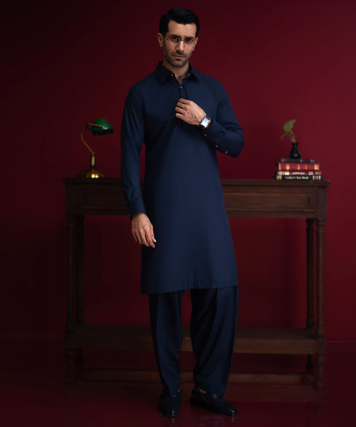 Blended Navy Shalwar Kameez - J. Junaid Jamshed