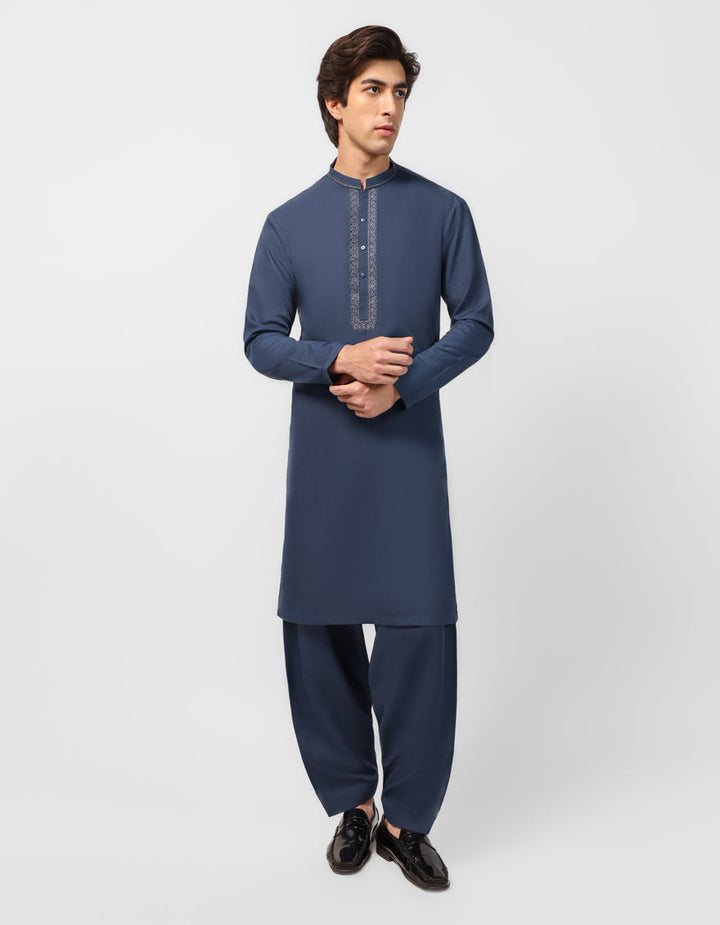 Polyester Dull Blue Shalwar Kameez - J. Junaid Jamshed