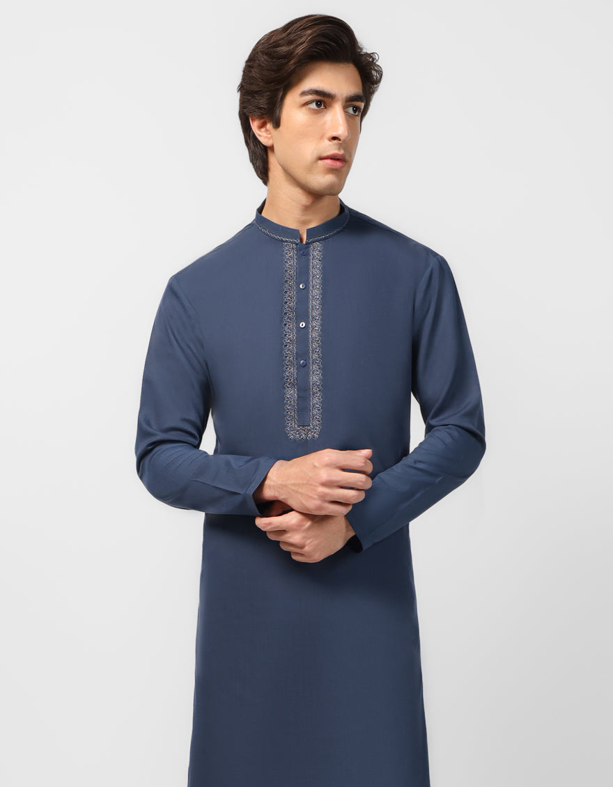 Polyester Dull Blue Shalwar Kameez - J. Junaid Jamshed