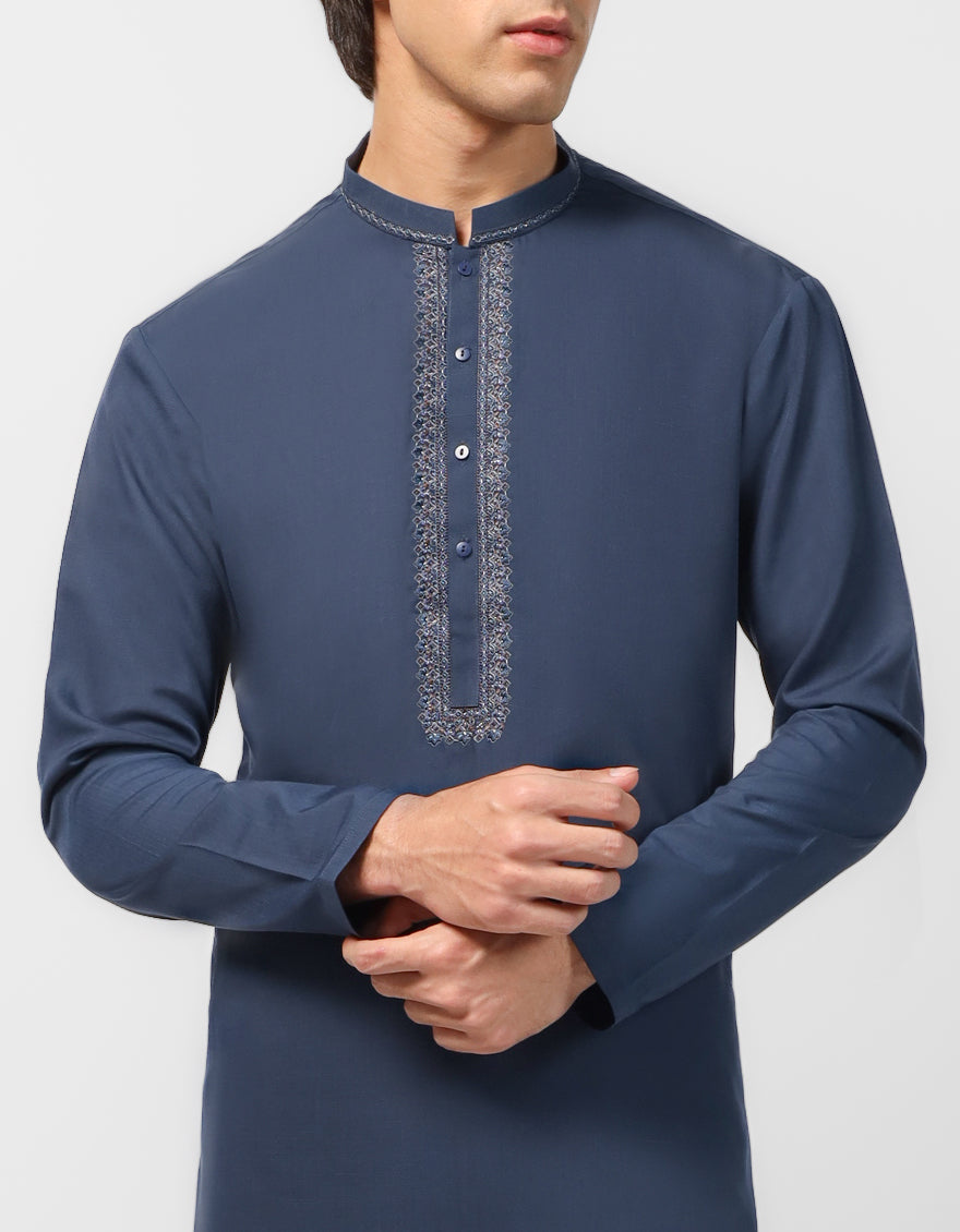 Polyester Dull Blue Shalwar Kameez - J. Junaid Jamshed
