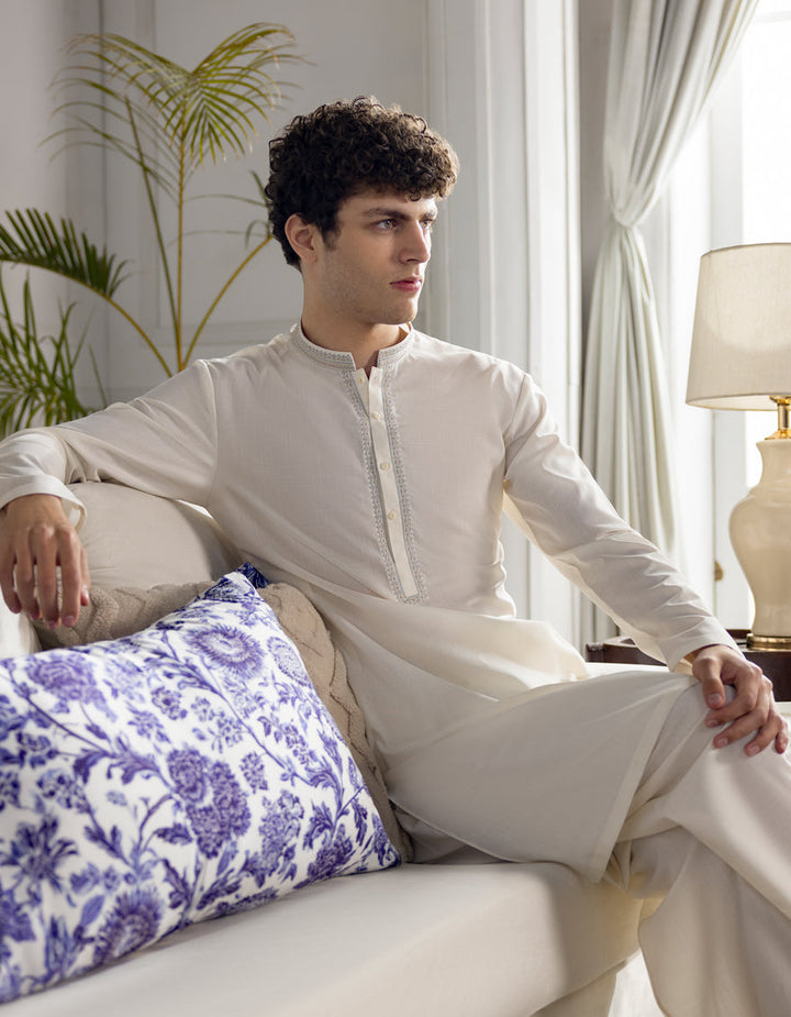 Polyester Off White Shalwar Kameez - J. Junaid Jamshed