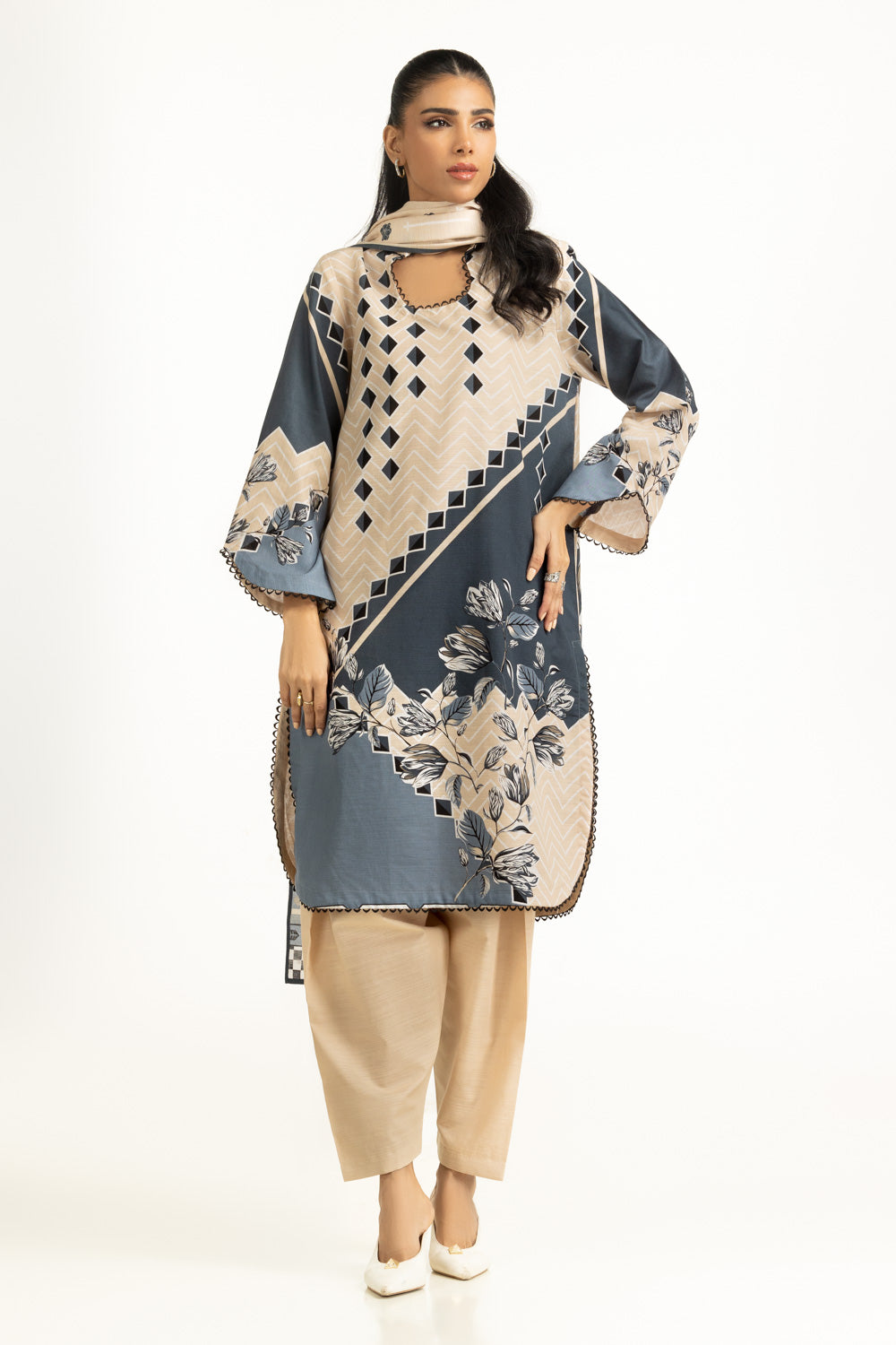 Khaddar Printed Beige Stitched Suit - Gul Ahmed