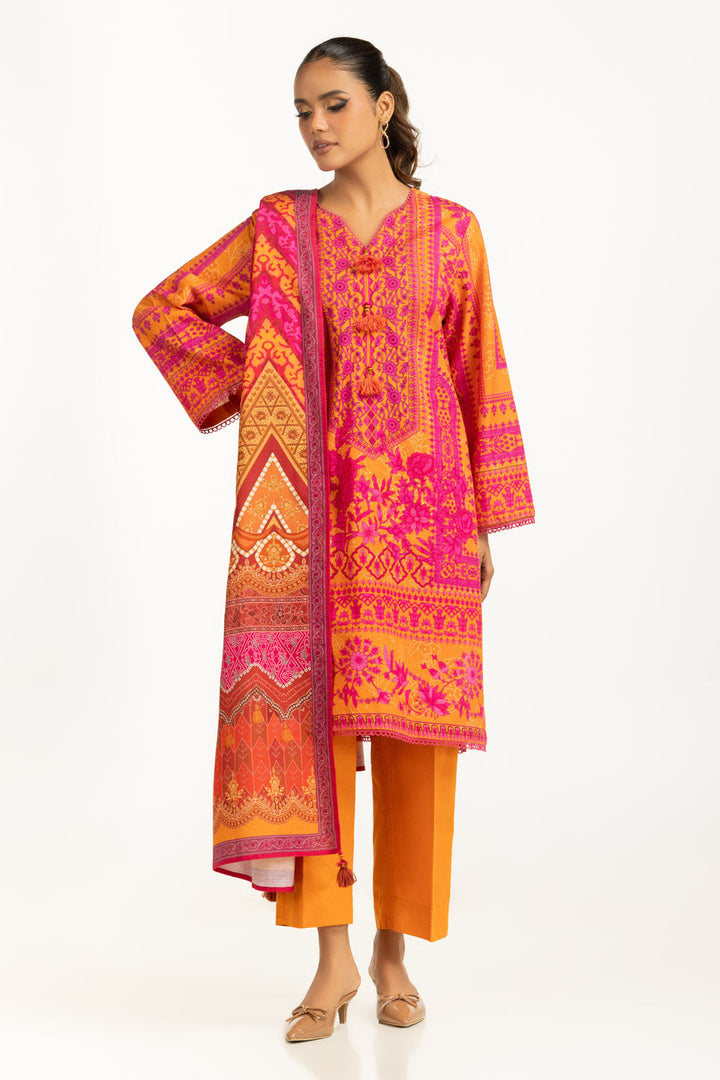 Khaddar Printed Orange Stitched Suit - Gul Ahmed
