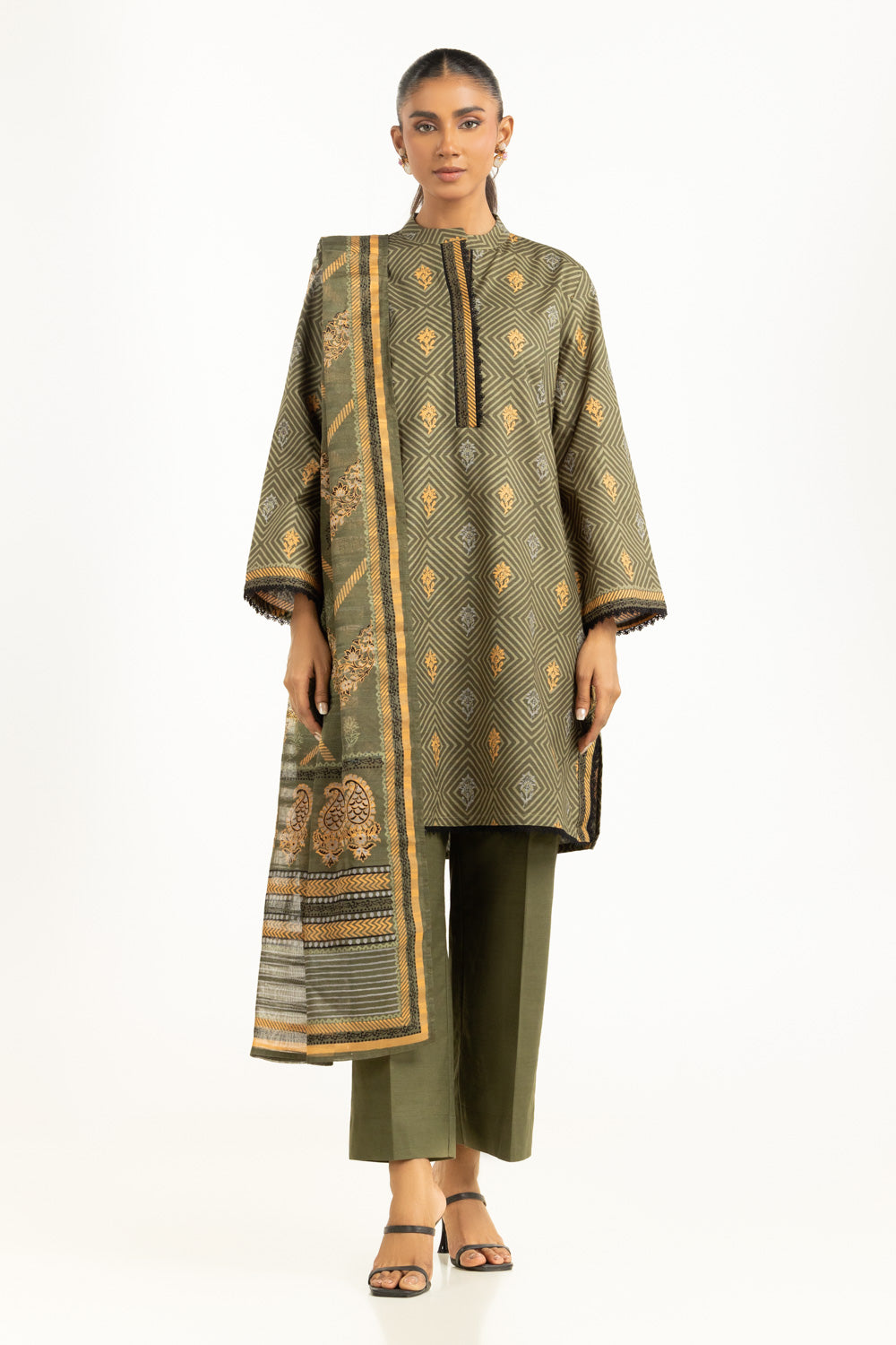 Khaddar Printed Green Stitched Suit - Gul Ahmed