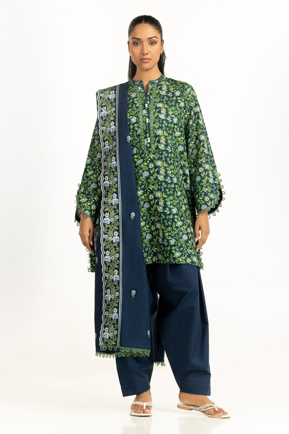 Khaddar Printed Navy Blue Stitched Suit - Gul Ahmed