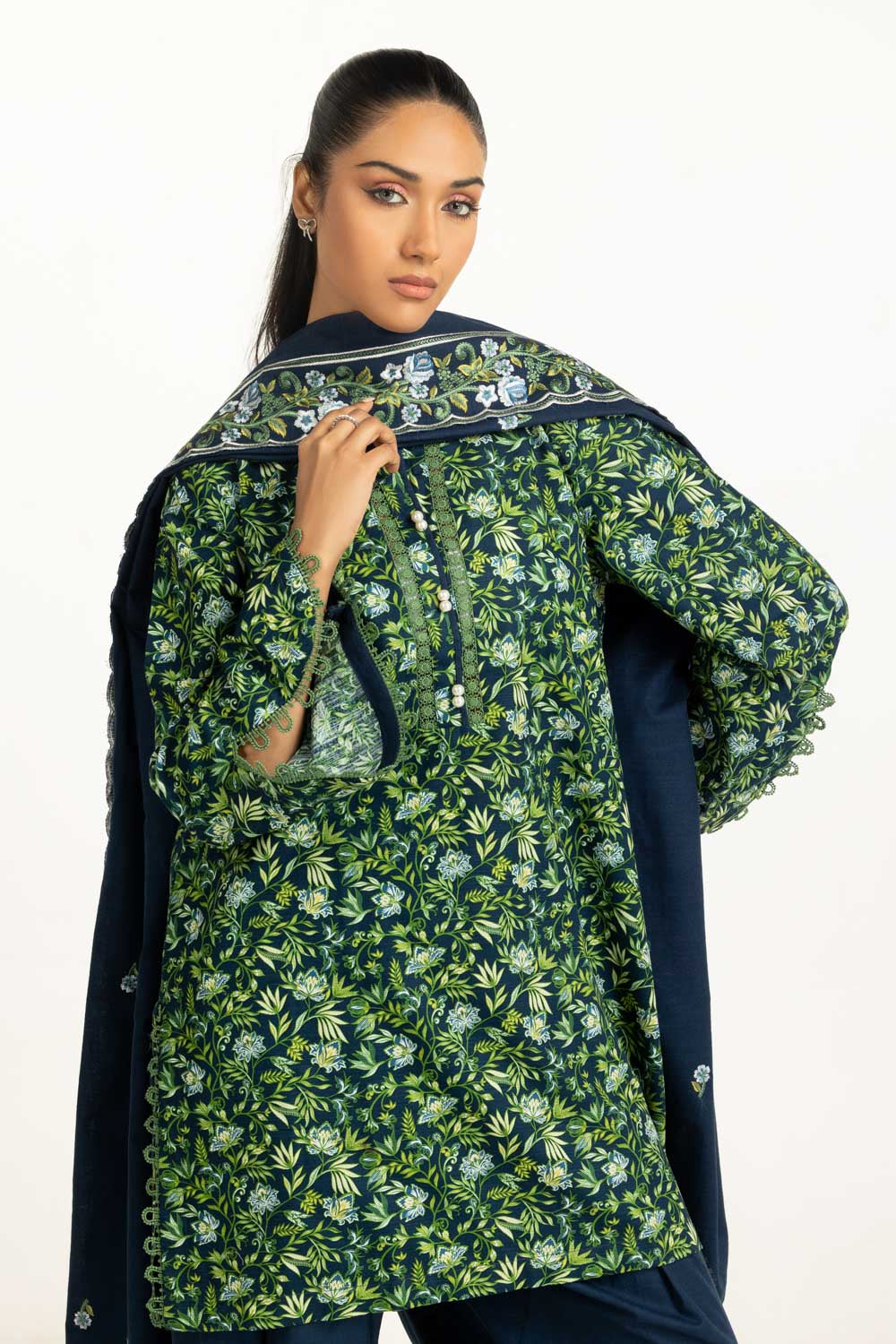 Khaddar Printed Navy Blue Stitched Suit - Gul Ahmed