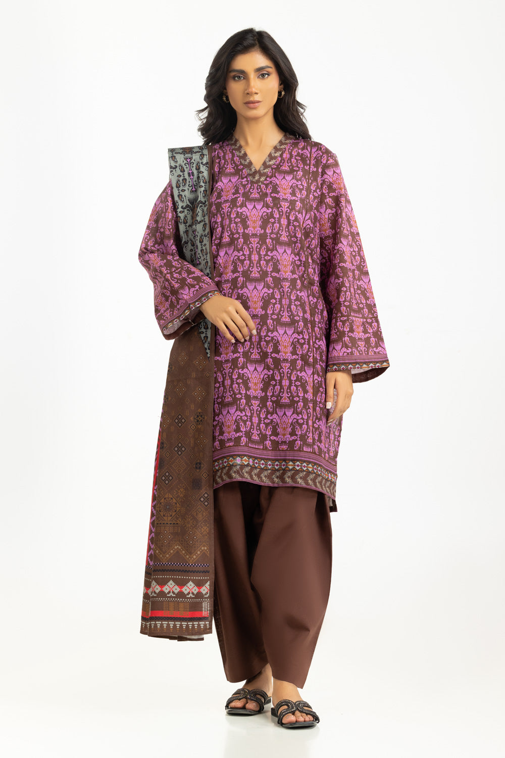 Khaddar Printed Brown Stitched Suit - Gul Ahmed
