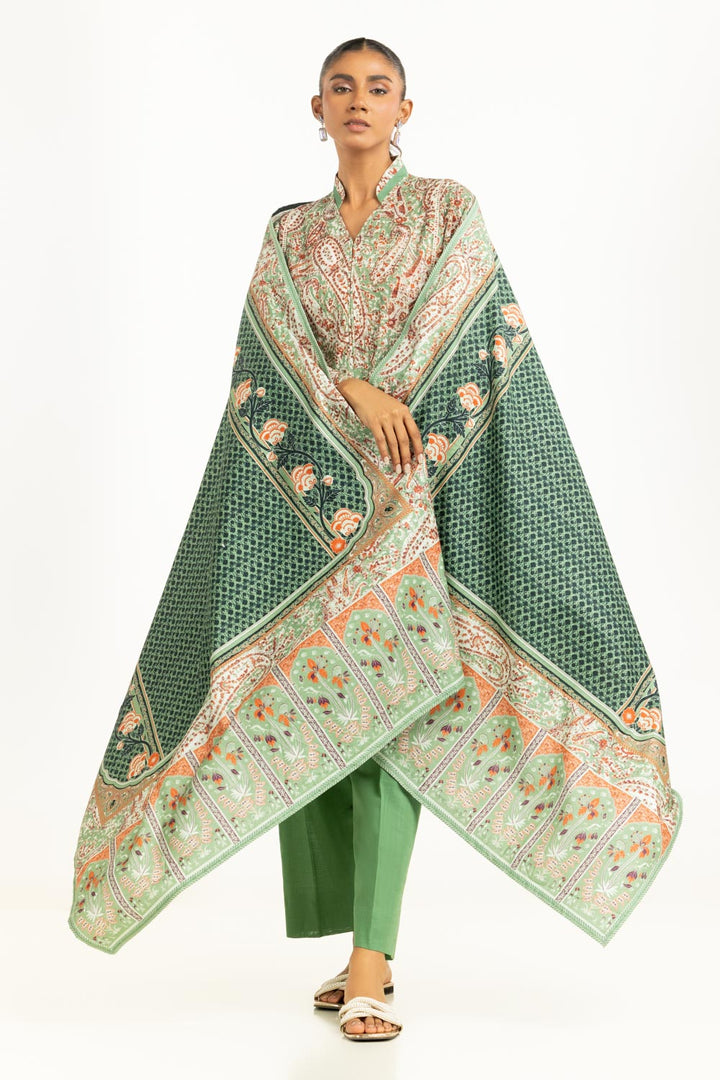Khaddar Printed Green Stitched Suit - Gul Ahmed