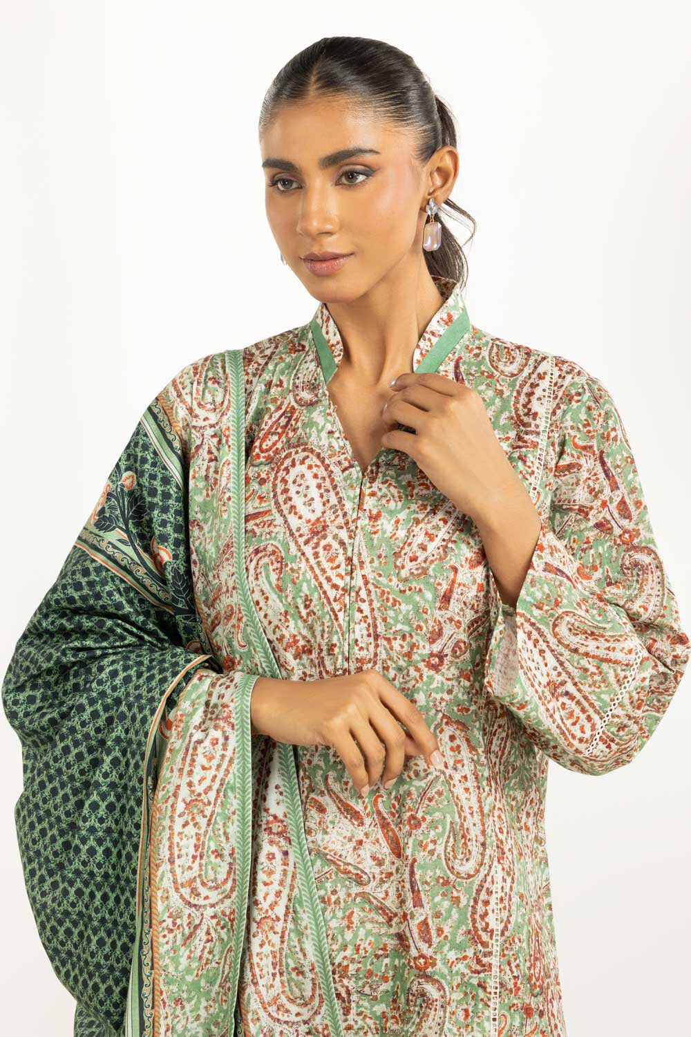 Khaddar Printed Green Stitched Suit - Gul Ahmed