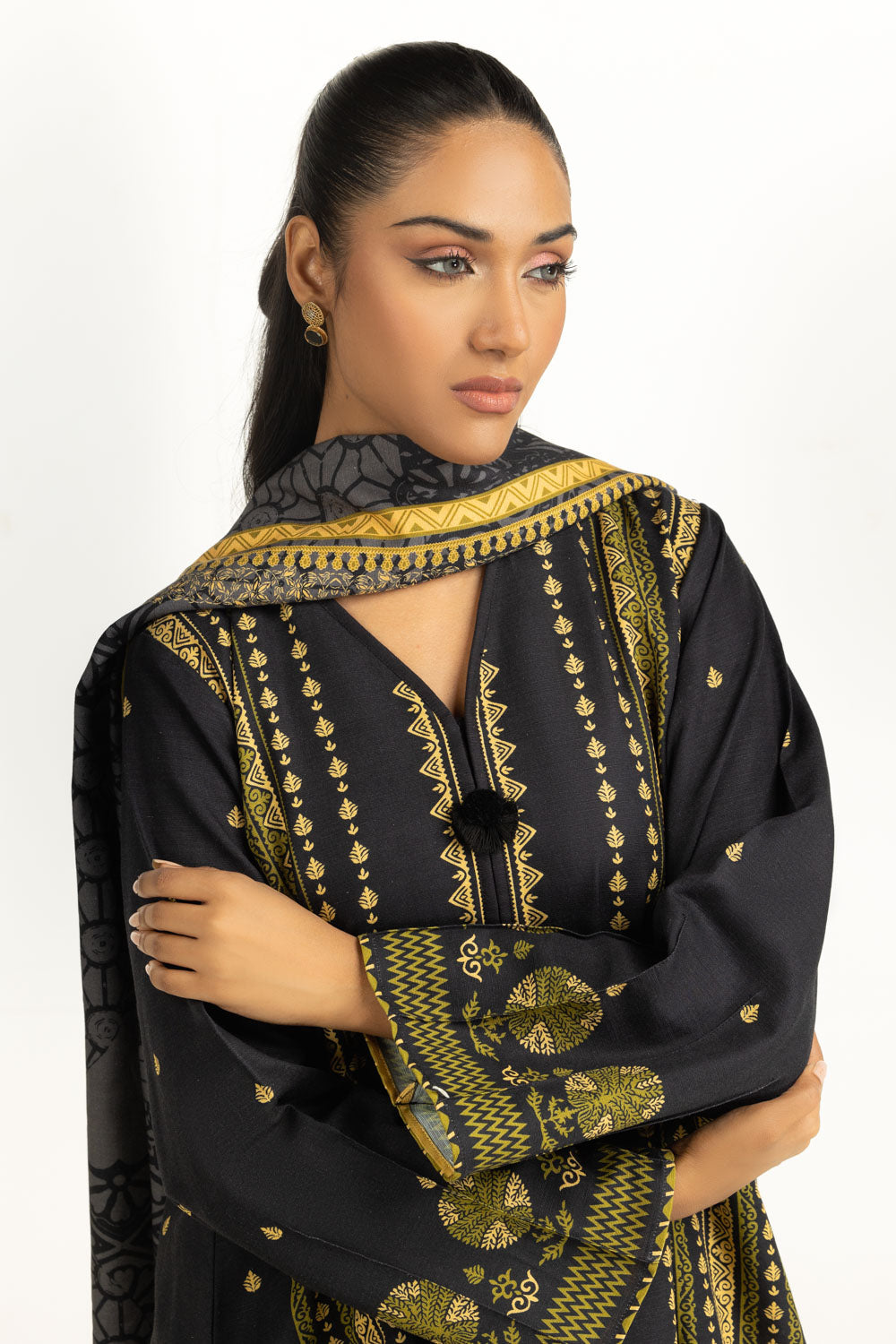 Khaddar Printed Black Stitched Suit - Gul Ahmed