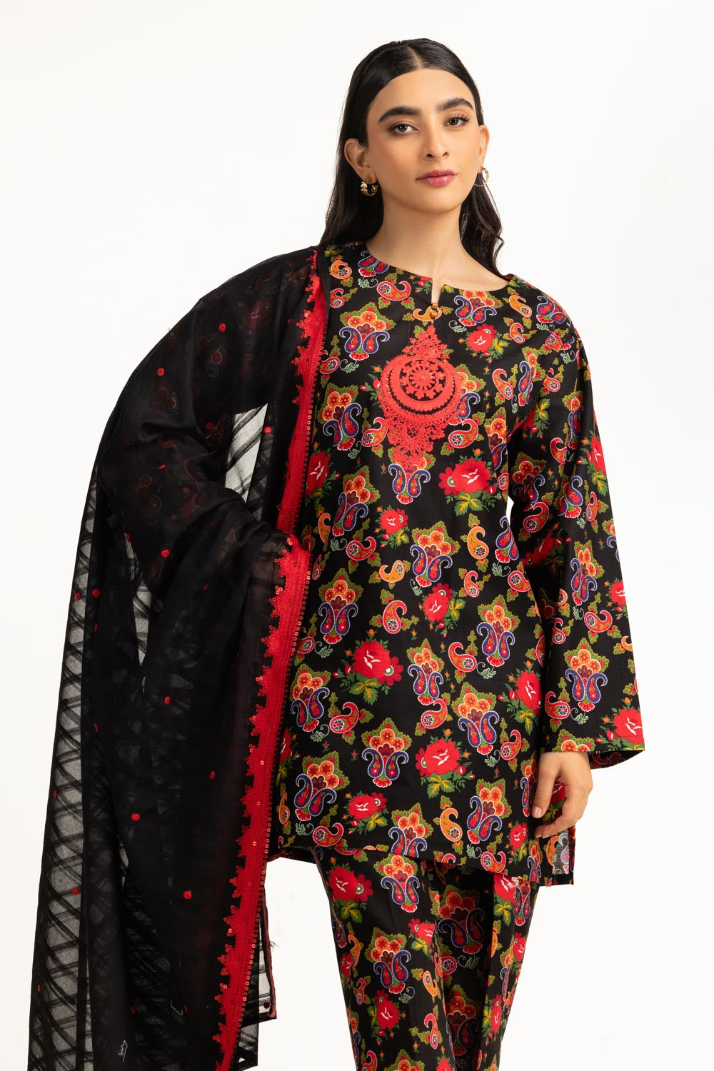 Khaddar Printed Black Stitched Suit - Gul Ahmed