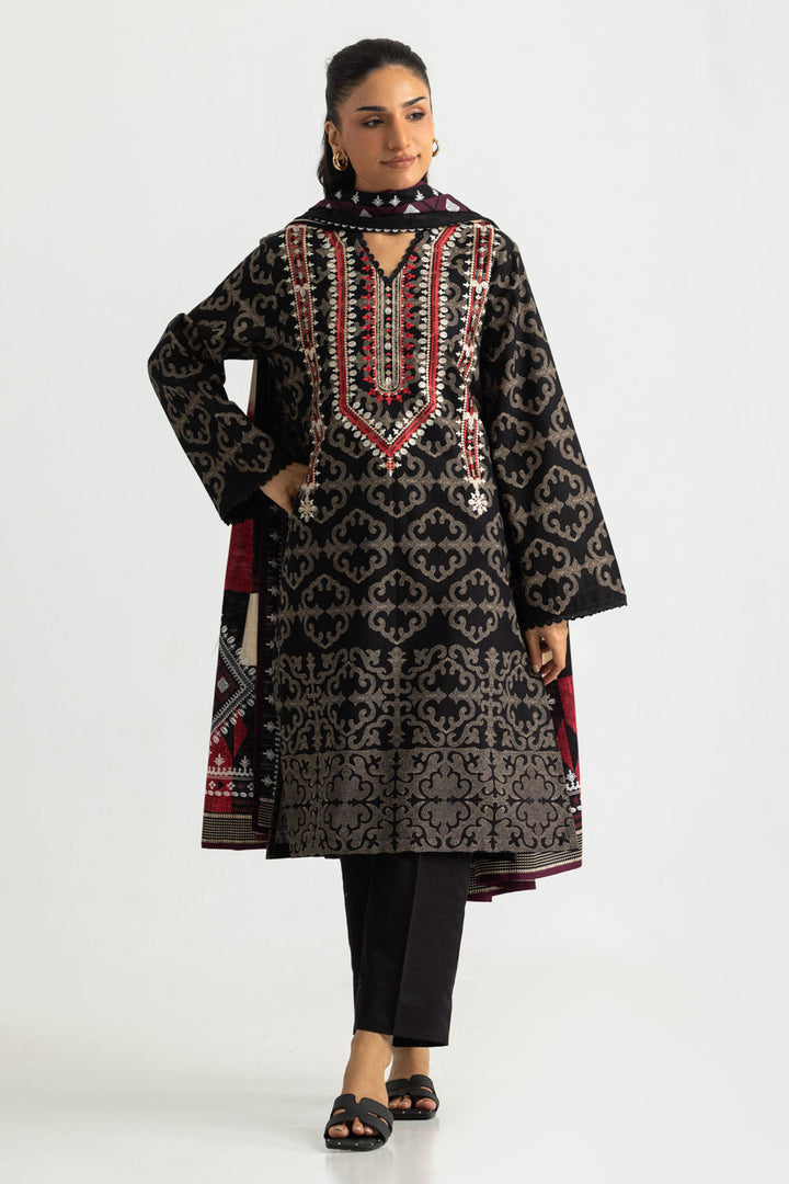 Khaddar Slub Embroidered & Printed Black Stitched Suit - Gul Ahmed