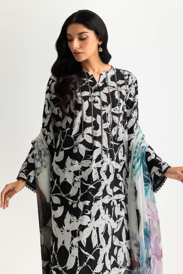 Lawn Printed Black & White Stitched Suit - Gul Ahmed