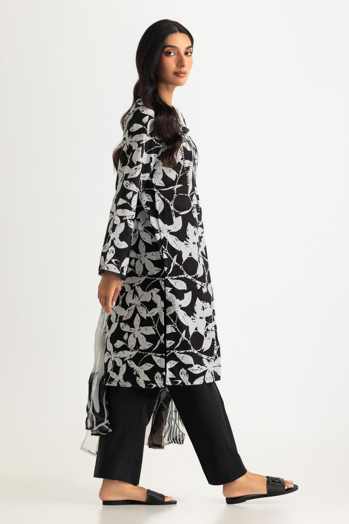 Lawn Printed Black & White Stitched Suit - Gul Ahmed