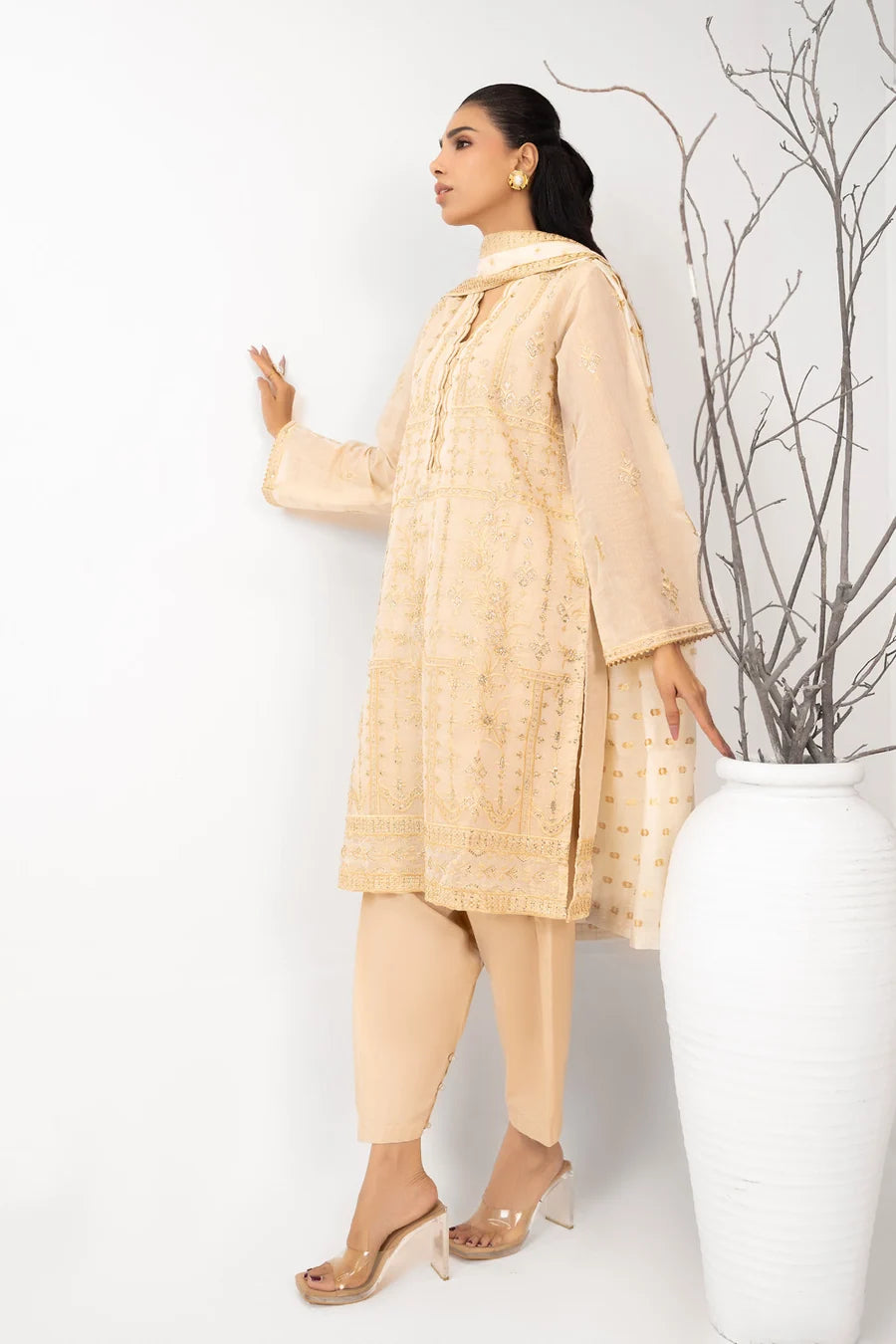 Embroidered Mehsuri Beige Stitched Suit - Gul Ahmed