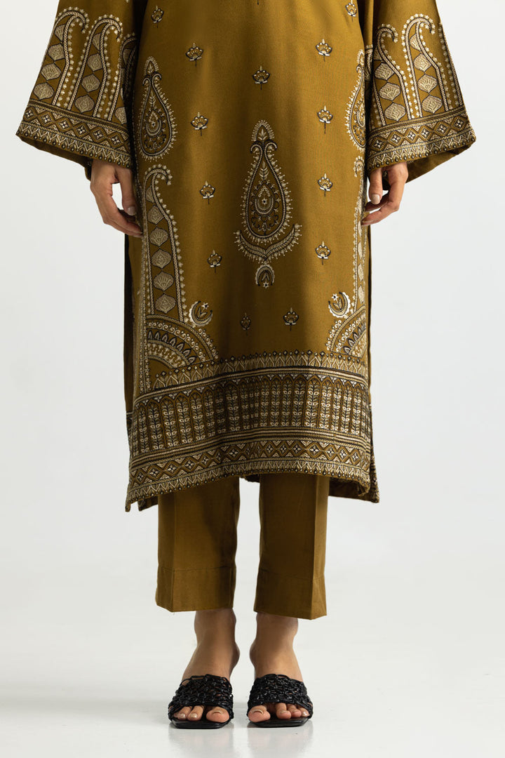 Pashmina Embroidered Mehndi Stitched Suit - Gul Ahmed