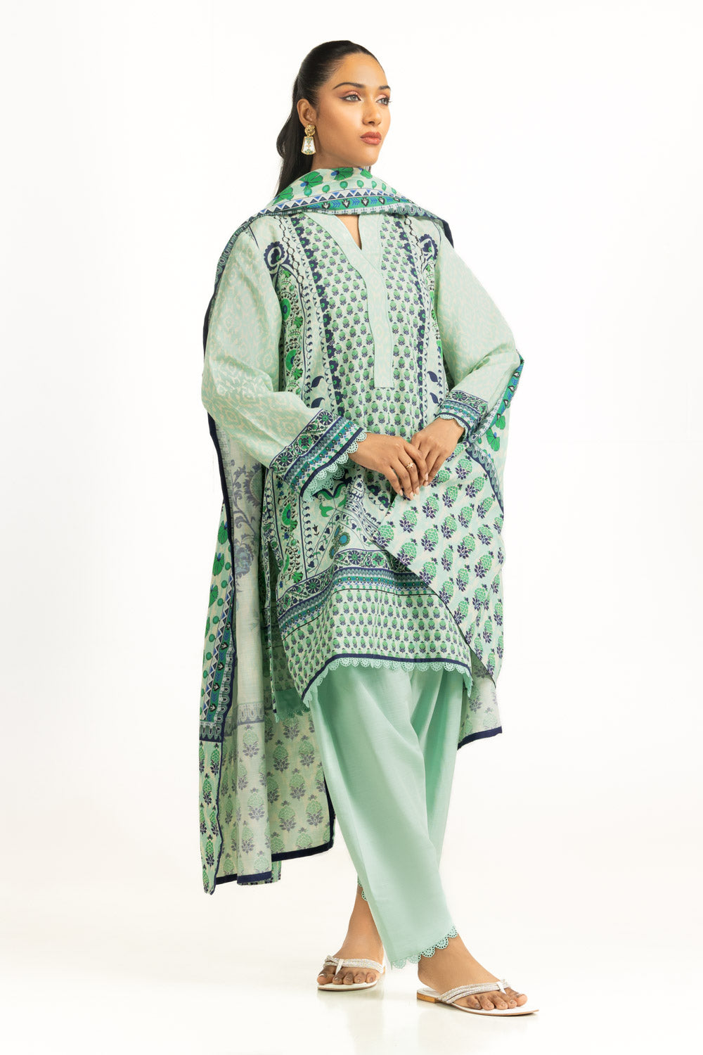 Viscose Khaddar Printed Light Green Stitched Suit - Gul Ahmed