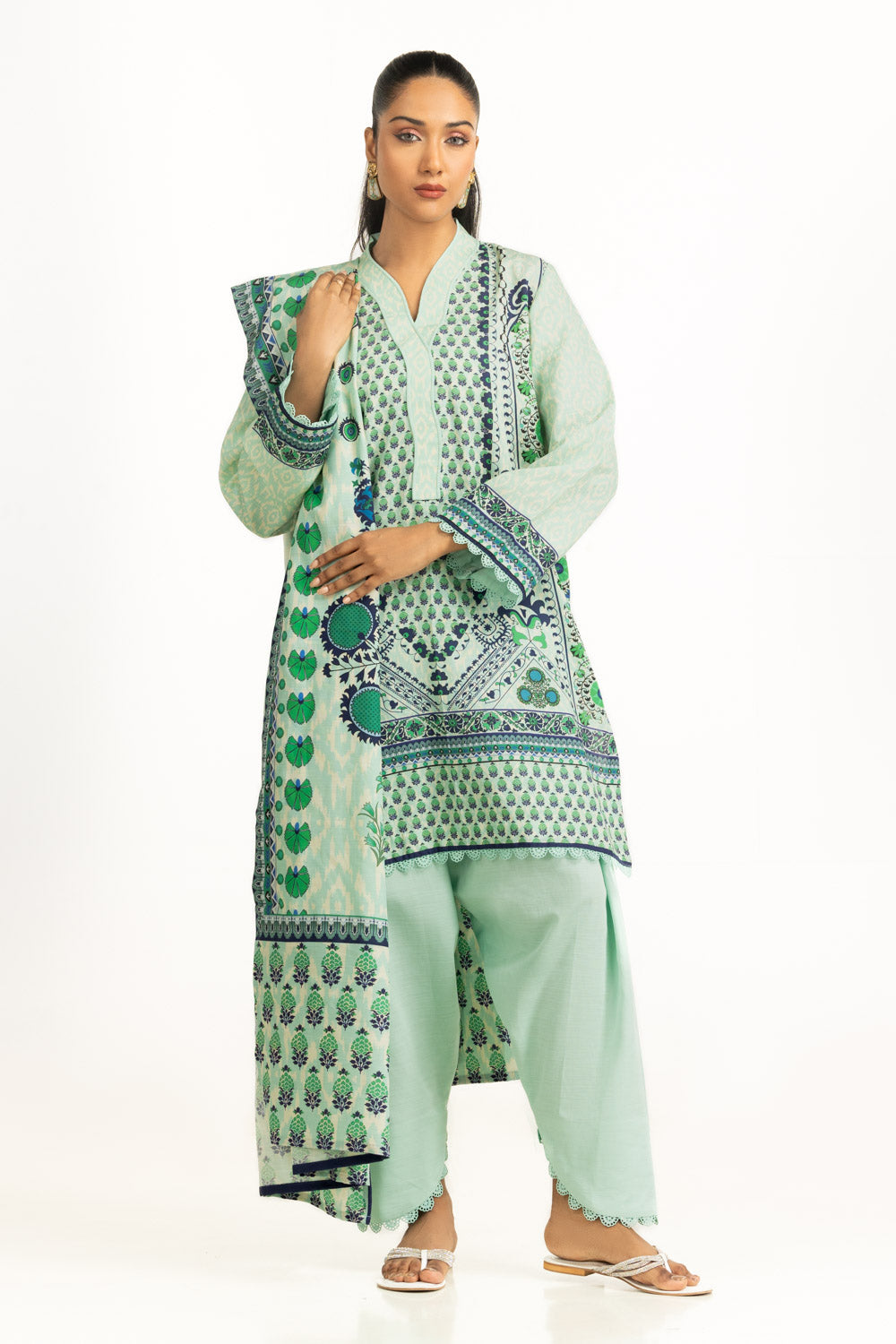 Viscose Khaddar Printed Light Green Stitched Suit - Gul Ahmed
